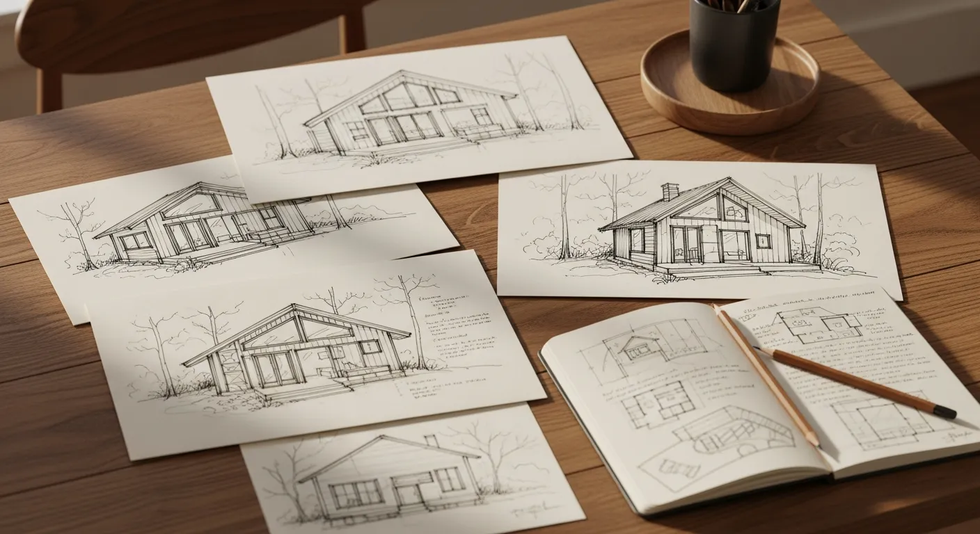 Esboços à mão de projetos de cabana sobre mesa de madeira